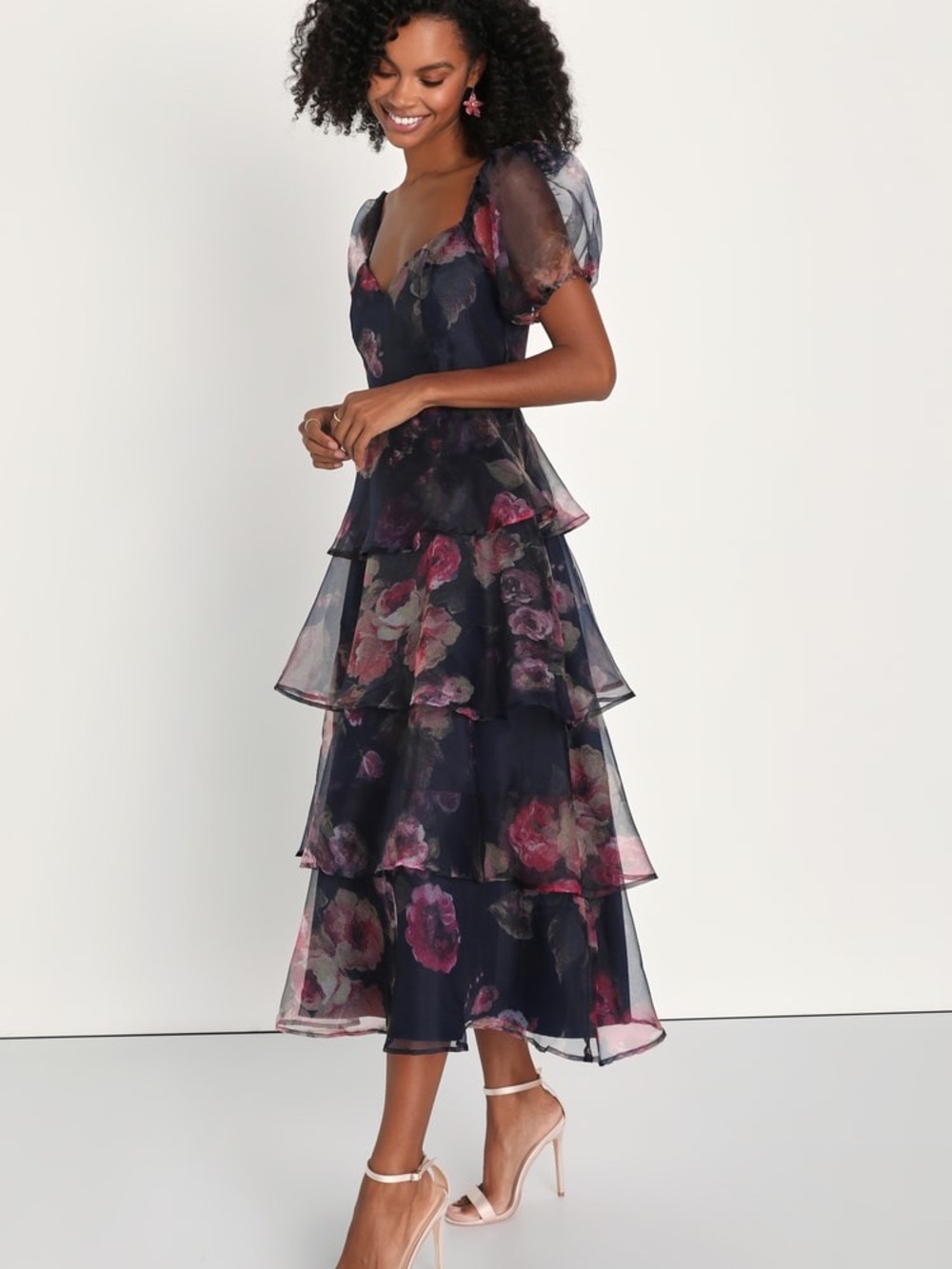 NWT Lulus Oh-So Stunning Navy Blue Floral Organza Tiered Midi Dress - Picture 4 of 9